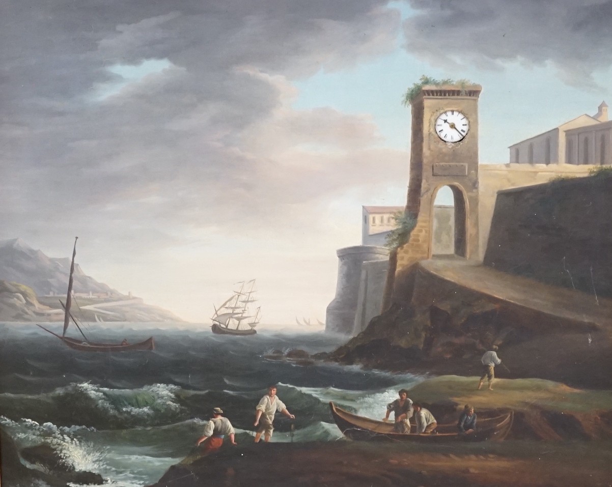 A mid 19th century Continental picture clock with later box back, oil on canvas, in a giltwood and composite frame, 72 x 86cm